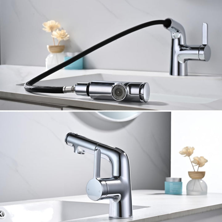 BuntHaus Wasserhahn Ausziehbarer mit Brause & Oberstrahl, Waschtischarmatur mit Auslauf Höhe 130 mm,