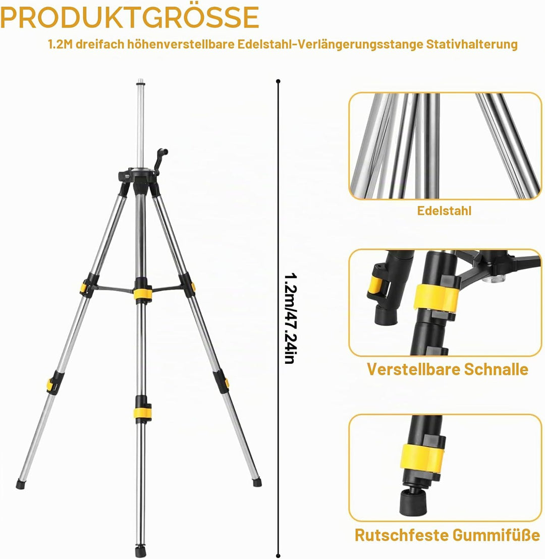 Laser-Stativ mit Höhenverstellung, 120 cm, 5/8" und 1/4" Gewinde, Edelstahl-Verlängerungsstangen 2 F