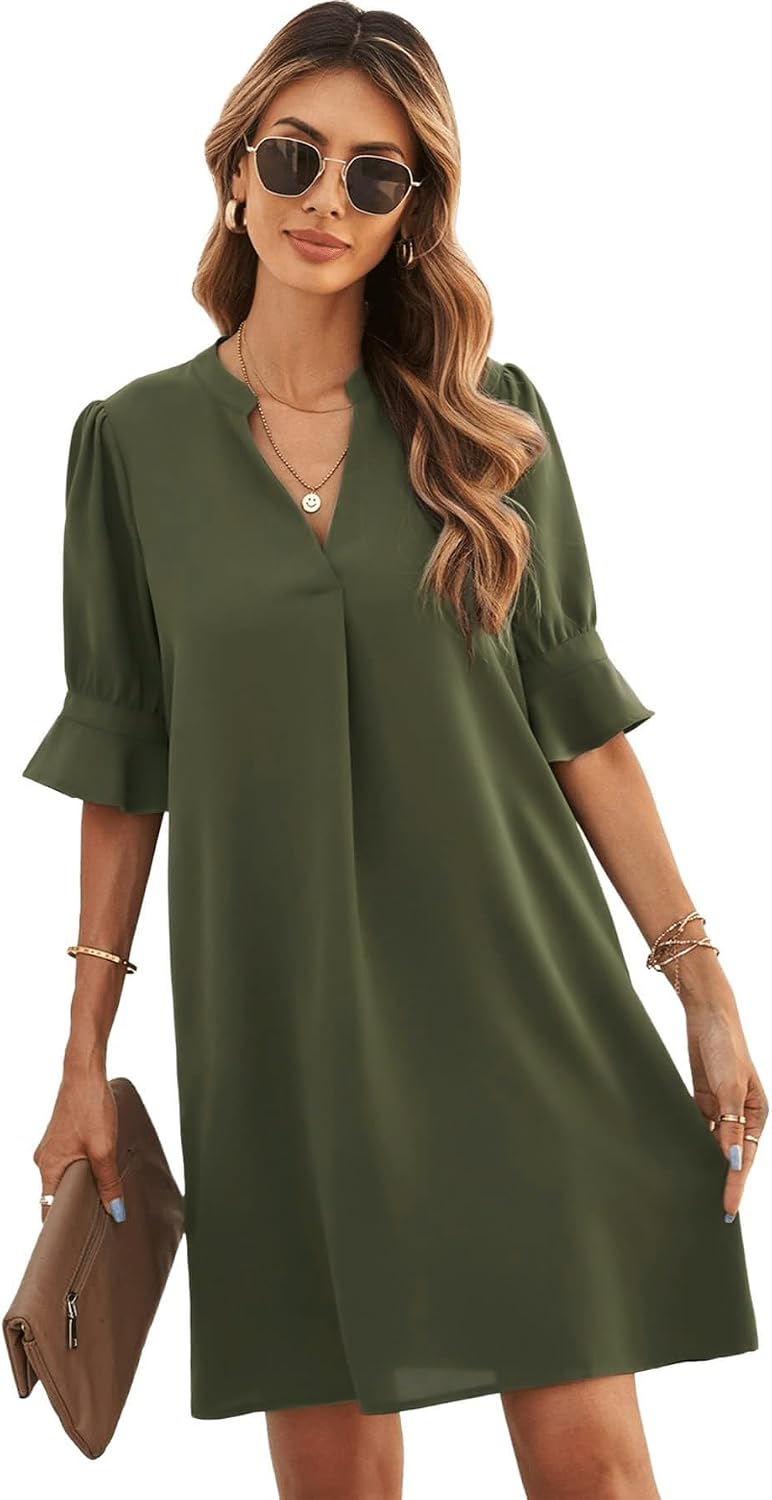 Famulily Frauen V-Ausschnitt Halbarm Hemdkleid Elegant Sommer Casual Einfarbig Kurzes Kleid S-XXL S