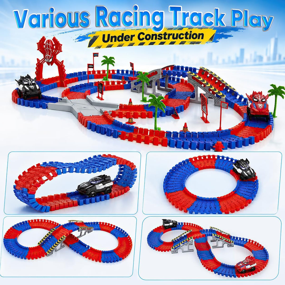 Spider Rennbahn Set 212 Teile – Flexible Autorennbahn Spielzeug ab 3 4 5 6 7 8 Jahre Junge, DIY Trac