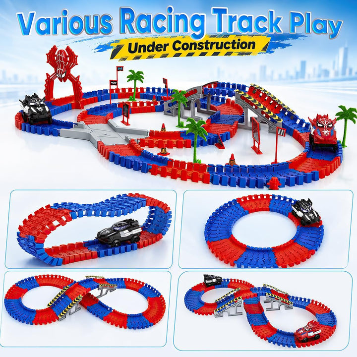 Spider Rennbahn Set 212 Teile – Flexible Autorennbahn Spielzeug ab 3 4 5 6 7 8 Jahre Junge, DIY Trac