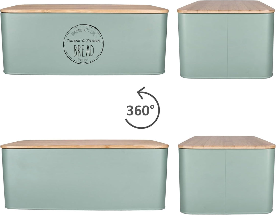 MamboCat Brotbox Fresh mint I (LxBxH) 33,2x18,5x15,4cm I Metall-Brotkasten mit Bambusdeckel I Aufbew