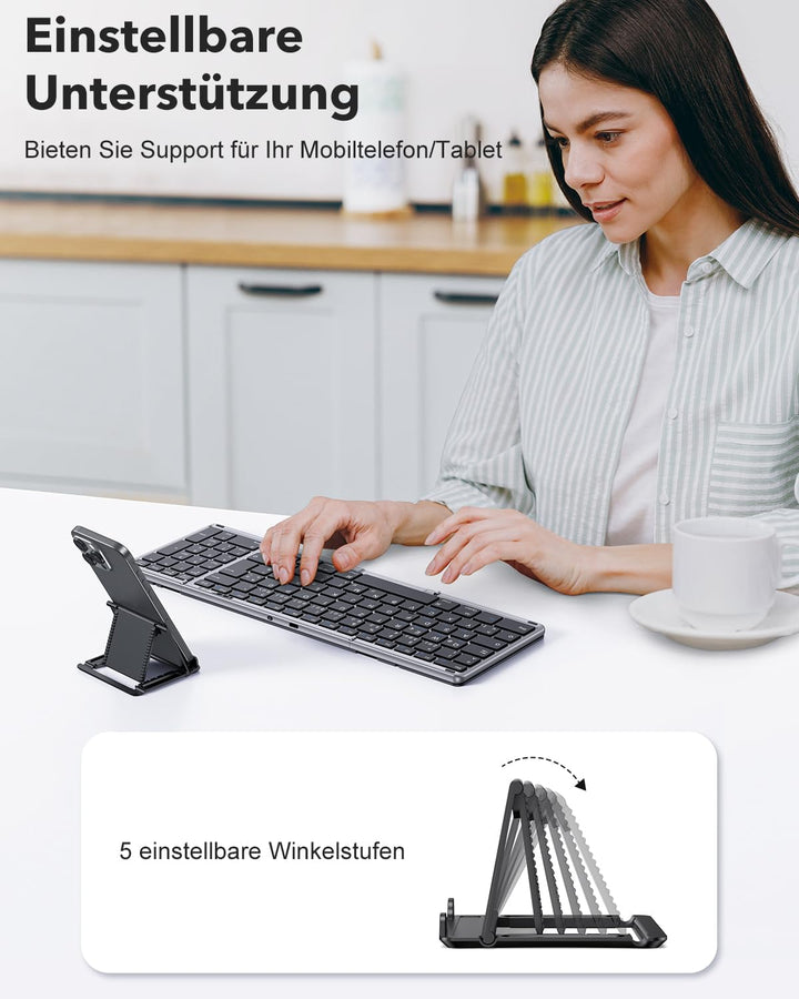 OMOTON Bluetooth Tastatur Faltbare mit Ziffernblock, Kabellose Tastatur Wiederaufladbare QWERTZ, Vol