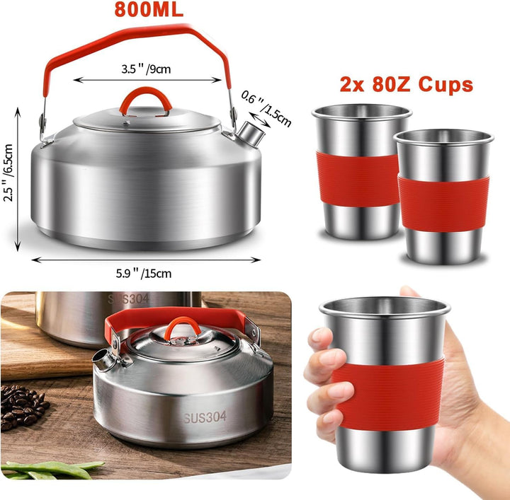 Camping Kochgeschirr Kit, 304 Edelstahl Camping Kochset, Camping Topf und Pfanne Set mit Wasserkoche