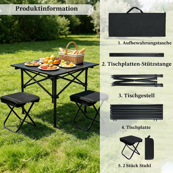 Campingtisch Klapptisch, Campingtisch Faltbar mit 2 Klappstühle | Campingtisch Klappbar mit Tragetas