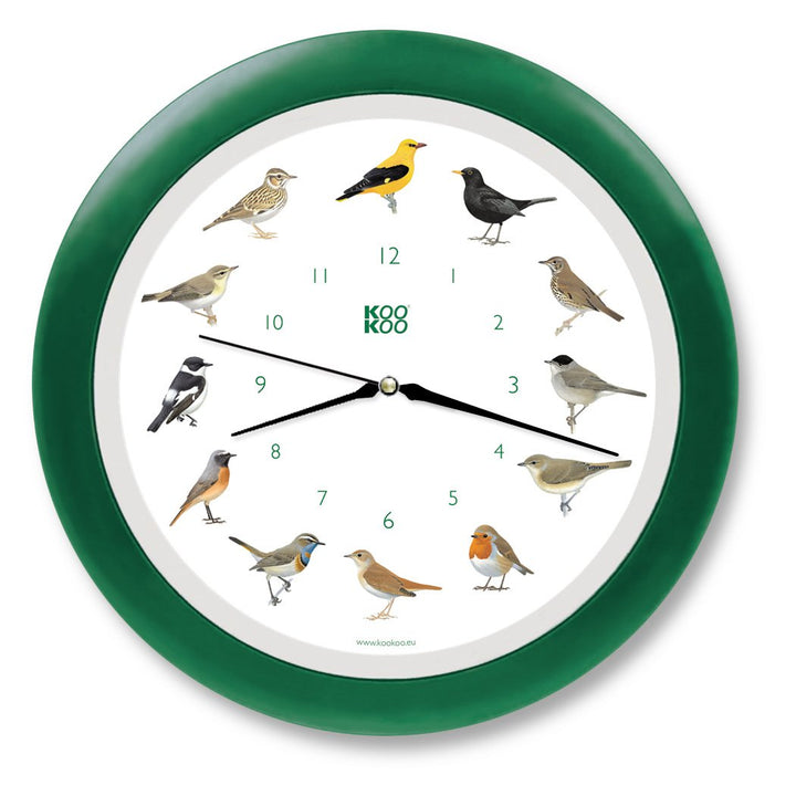 KOOKOO Singvögel Quarzwerk Grün, Die Singende Vogeluhr, runde Wanduhr mit natürlichen Vogelstimmen,