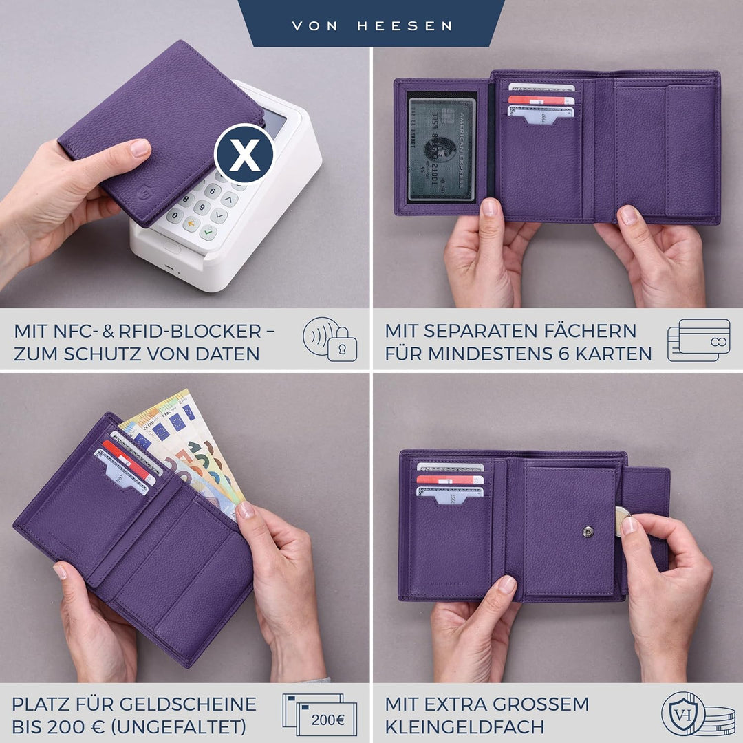 VON HEESEN Leder Geldbörse RFID Schutz I Echtleder Geldbeutel für Damen &amp; Herren I Portemonnaie Brie
