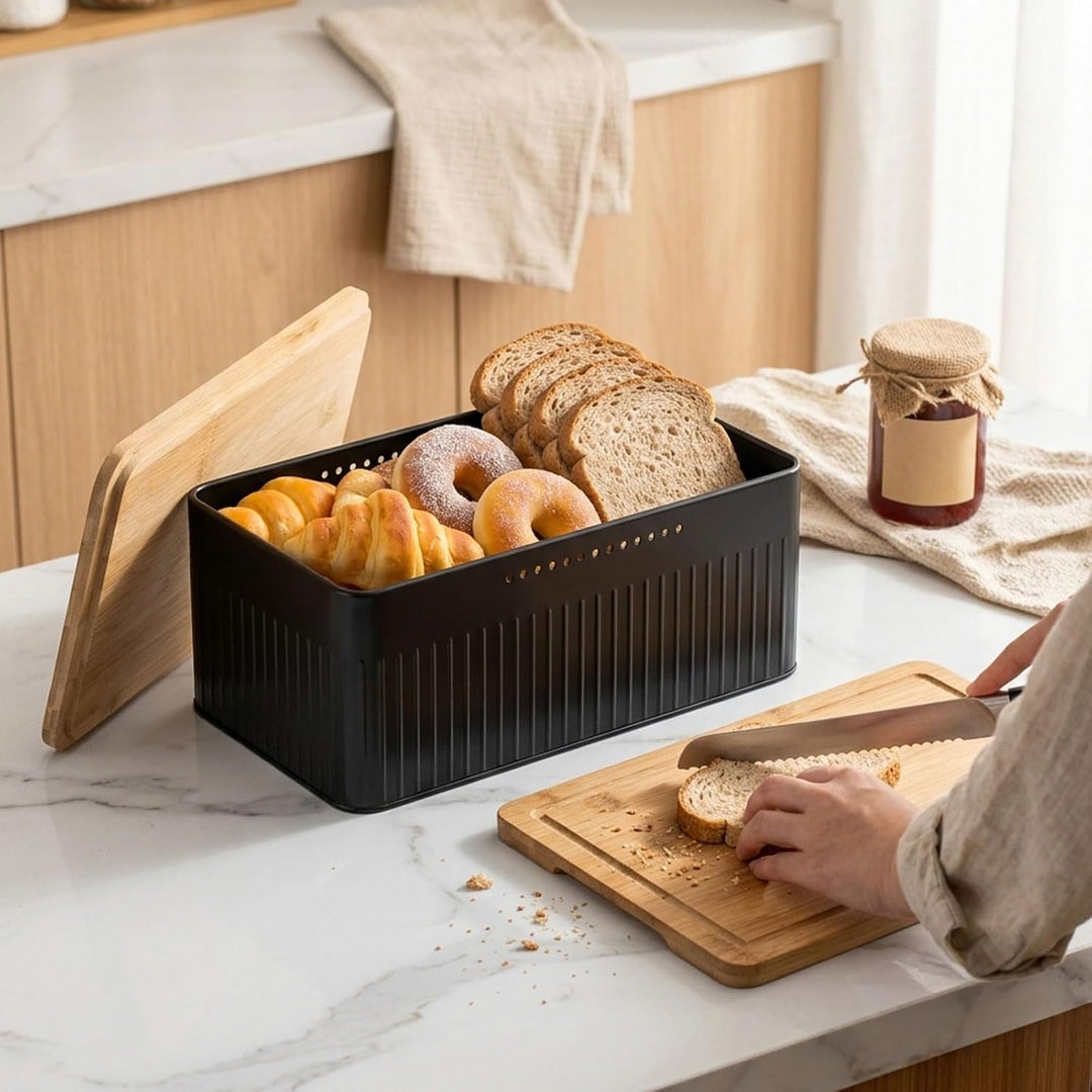 Brotkasten Metall, Brotbox mit Bambusdeckel, Brotaufbewahrung, Bread Box Gross, Brot Brötchen Toast,