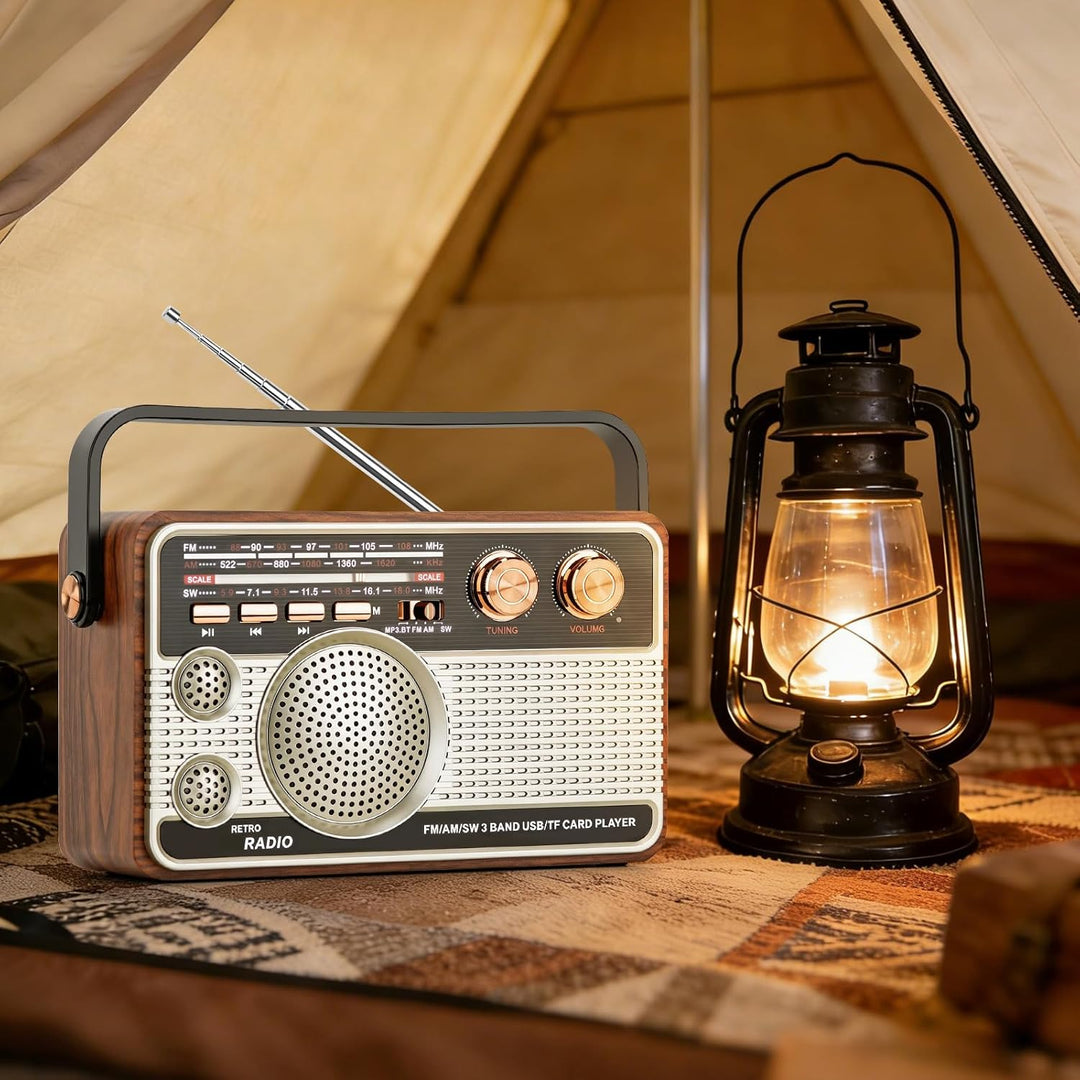 Retro Radio Vintage Holz-Handradio, wiederaufladbares Multiband (FM/AM/SW) mit Super Heavy Bass, Tra