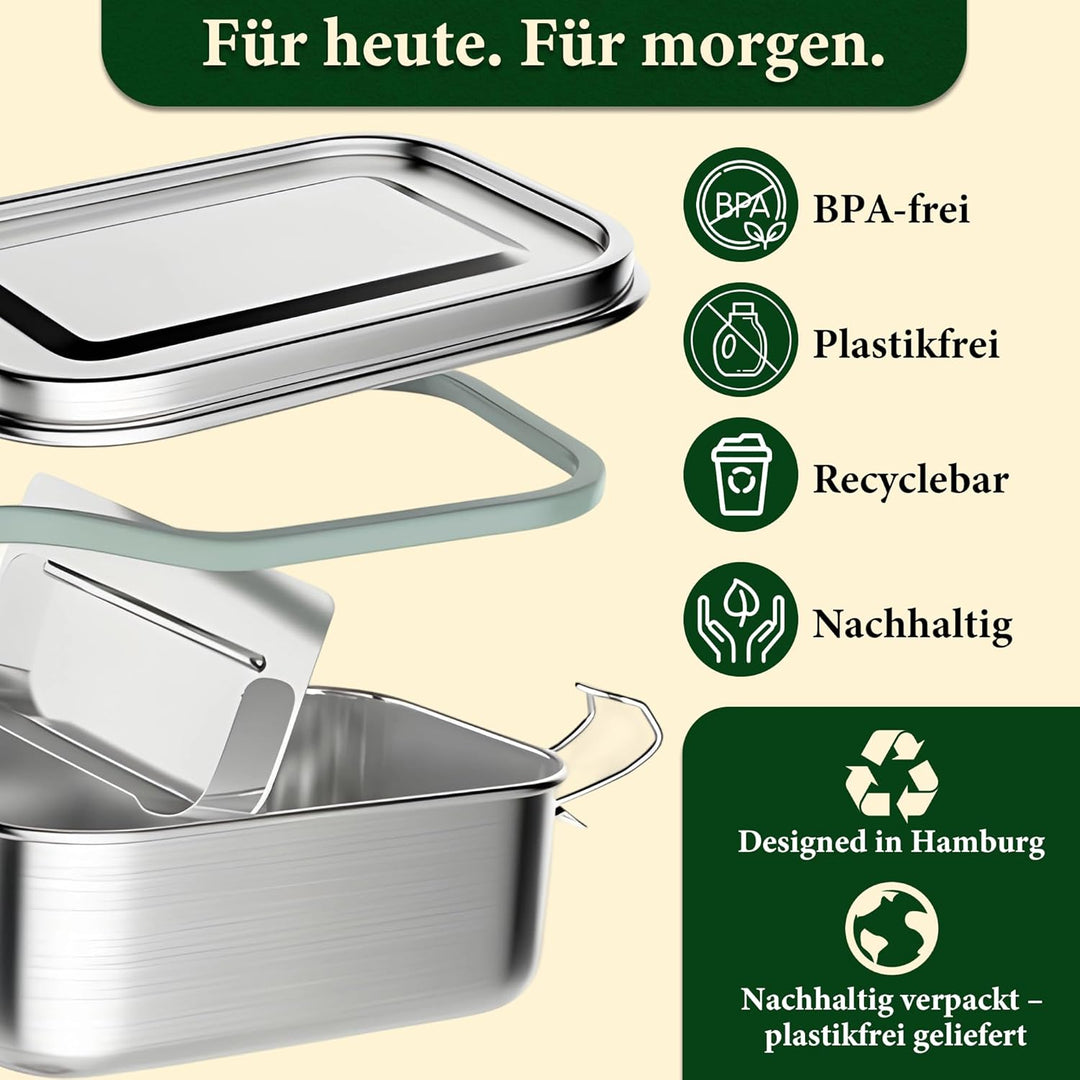 Brotdose Edelstahl 1400ml gross mit 2 Trennwänden, Auslaufsichere Lunchbox für Arbeit, Schule & Outd