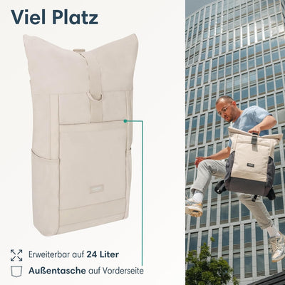LARKSON Rolltop Rucksack Damen Gross Beige - No 2 - Daypack für Schule, Uni, Fahrrad - 16 Zoll Lapto