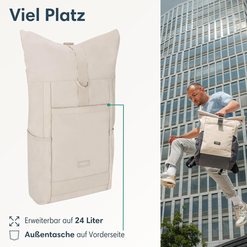 LARKSON Rolltop Rucksack Damen Gross Beige - No 2 - Daypack für Schule, Uni, Fahrrad - 16 Zoll Lapto