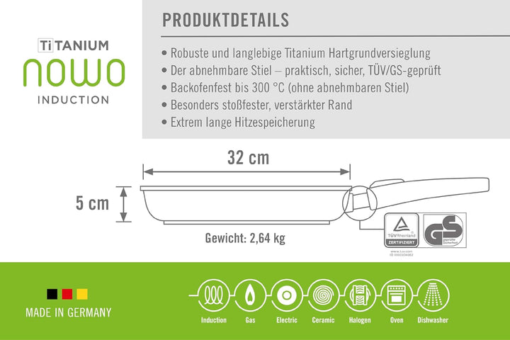 Woll Nowo Titanium Flachpfanne-Induktiv, Ø 32 cm, 5 cm hoch, mit abnehmbarem Stiel-Geeignet für alle
