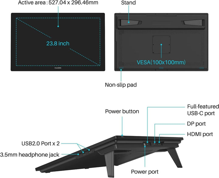 HUION Kamvas Pro 24 Grafiktablett mit Display, 4K UHD 23.8 Zoll Drawing Tablet Grafikmonitor mit 819