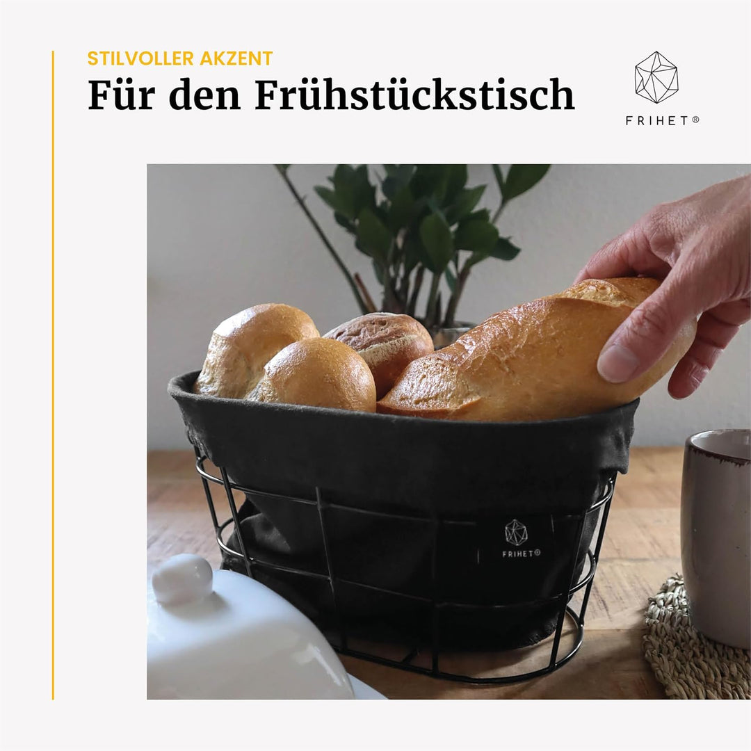 FRIHET 2-in-1 Brotkorb & Obstschale - Metall - waschbare Einlage aus 100% Baumwolle - oval - schwarz