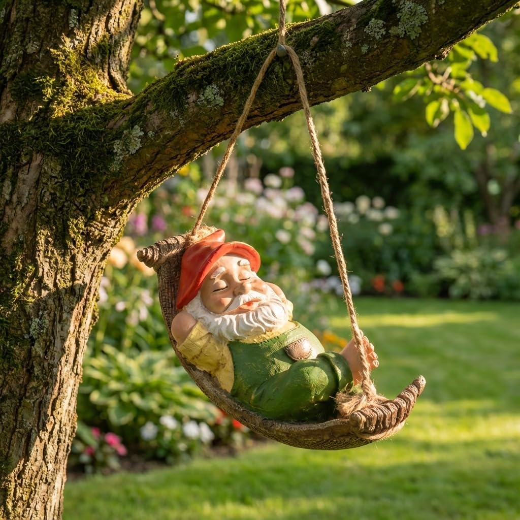 TERESA'S COLLECTIONS Gartenzwerge Gartendeko für Draussen Liegender Zwerg Gartenfigur aus Hängematte