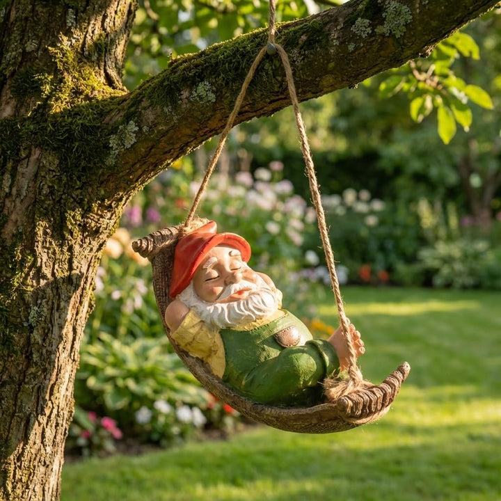 TERESA'S COLLECTIONS Gartenzwerge Gartendeko für Draussen Liegender Zwerg Gartenfigur aus Hängematte