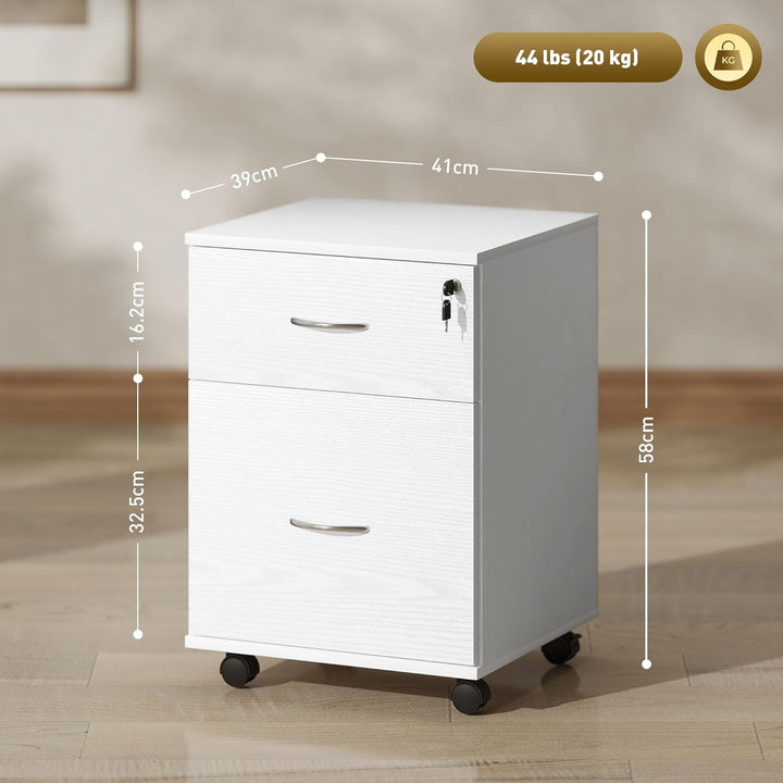 HOMCOM 2 Schubladen Abschliessbarer Aktenschrank mit Rädern, Mobiler Aktenschrank für Home Office, K