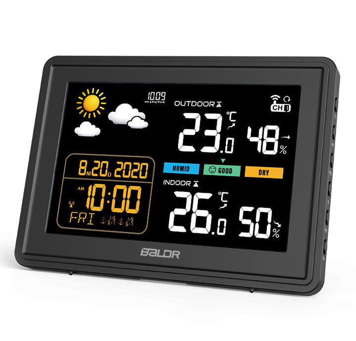 Konsen Wetterstation funk mit Aussensensor DCF Funkuhr, Farbdisplay mit grossen Zahlen von Innen und
