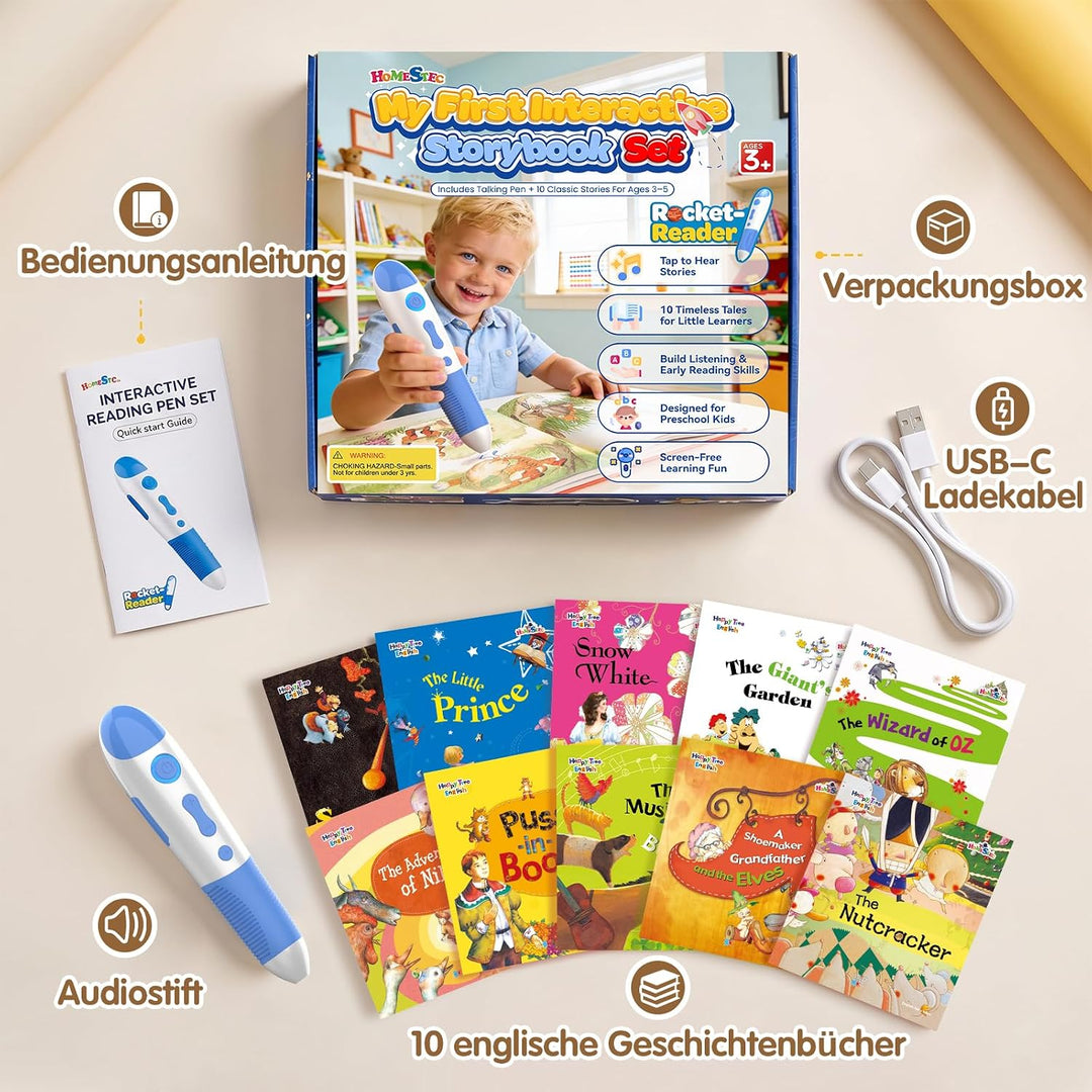 Interaktiver Lernstift mit 10 englischen Geschichtenbüchern, Vorlesestift für Kinder ab 2–5 Jahren,