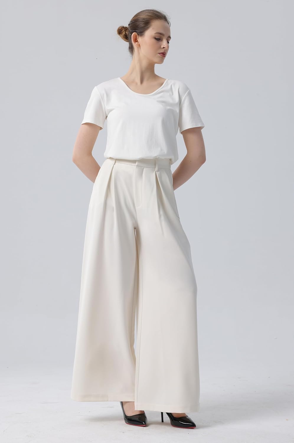 Tronjori Damen Hose Weites Bein Frauen Lange Hose mit Taschen Einfarbig Lose elastische Hohe Taille