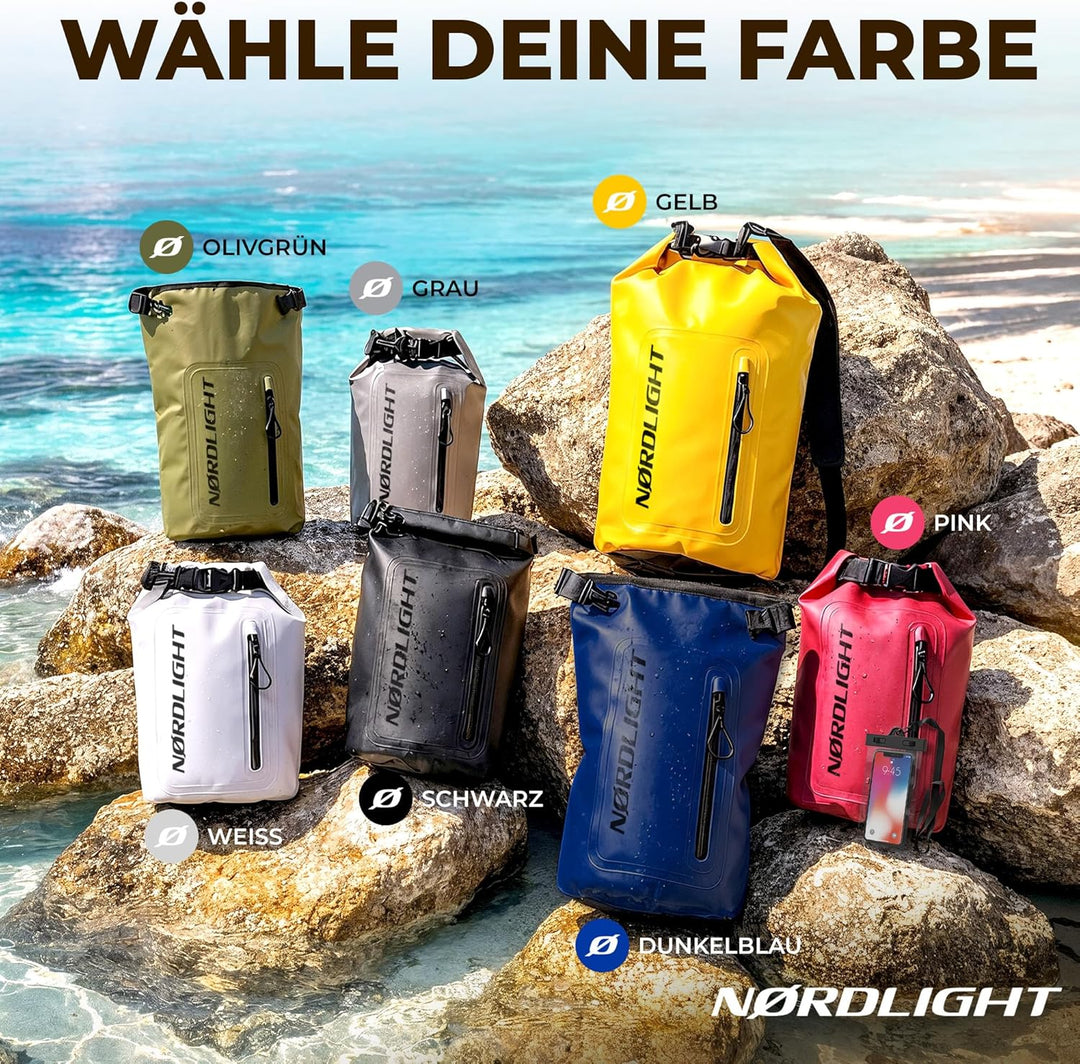 Nordlight Dry Bag wasserdichte Tasche mit Handyhülle + Roll-Top, Schultergurt | Drybag wasserfester