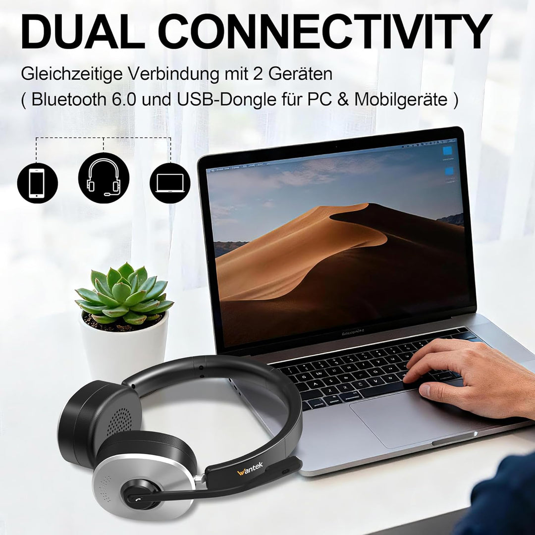 Wantek Bluetooth Headset mit Mikrofon für PC,Kabelloses Headset mit USB-Dongle, Noise Cancelling Mik