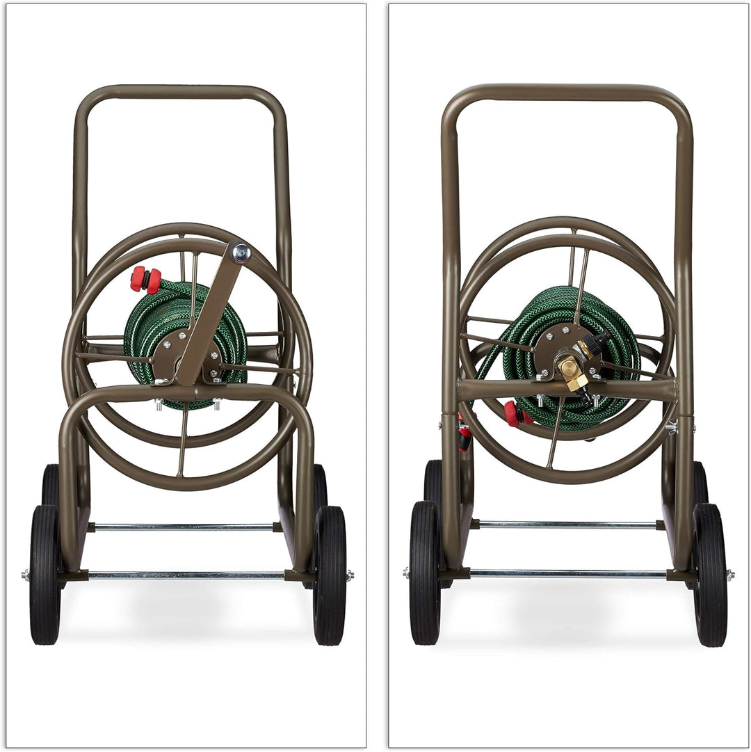 Relaxdays Schlauchwagen XL, fahrbare Schlauchtrommel, Metall, für 60m Schlauch, 4 Räder, mit Kurbel,