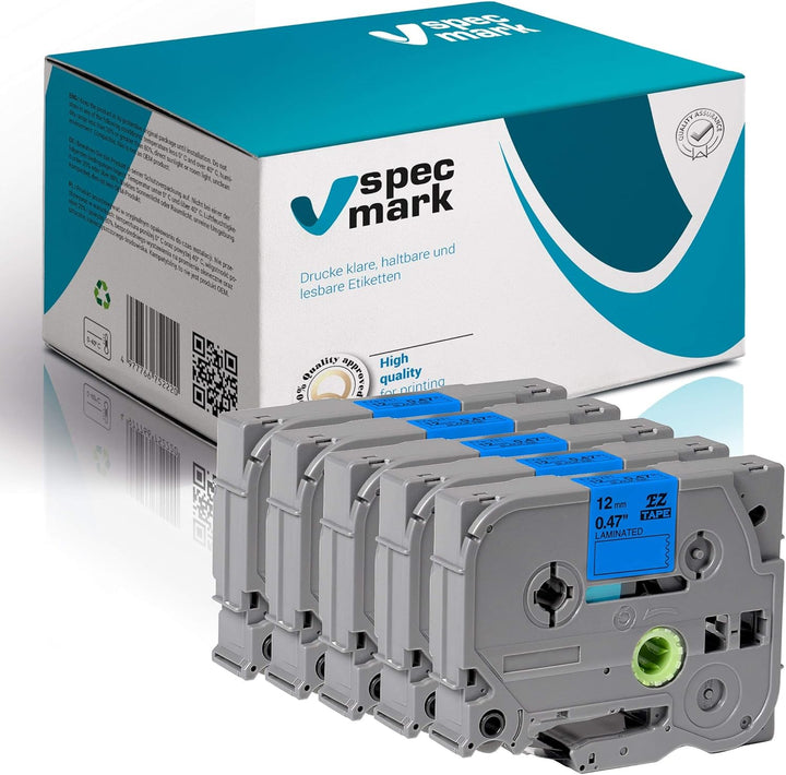 Schriftband TZe-531 12mm x 8m Satz x 5 St. Schwarz auf Blau Band kompatibel mit allen Drucker Brothe