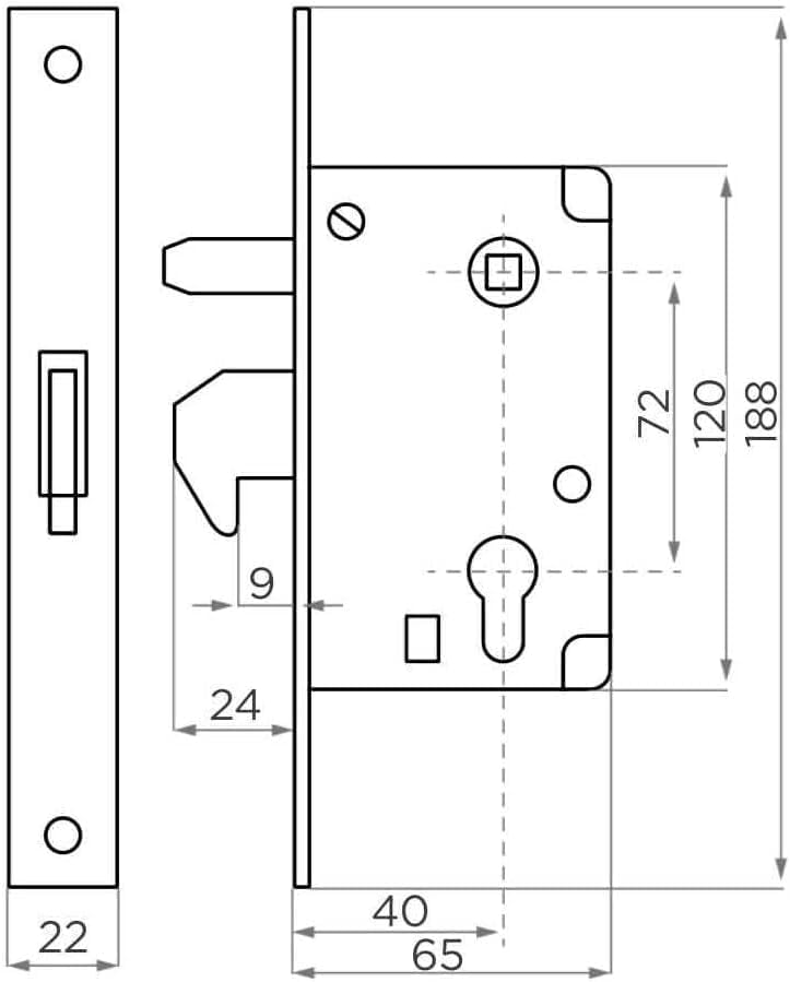 Set Hakenschloss mit Schlosskasten 72/40 für Schiebetür – Einsteckschloss inkl. Drücker für Schiebet