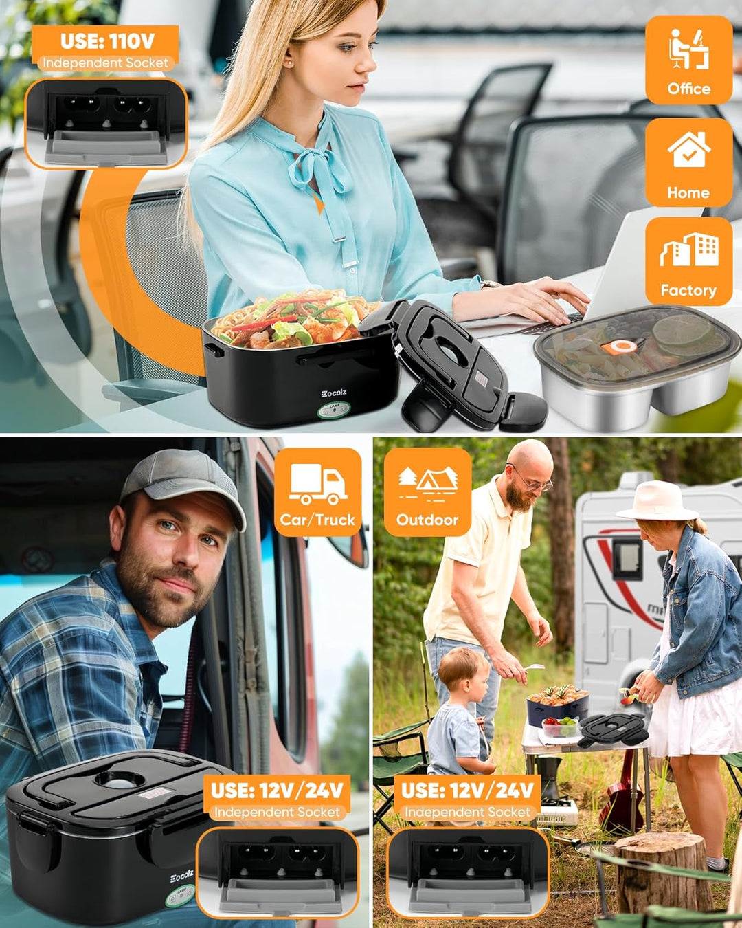 Eocolz Elektrische Lunchbox Food Heater 80-100W, Speisenwärmer mit Doppelbehälter 1,5L Tragbare Behe