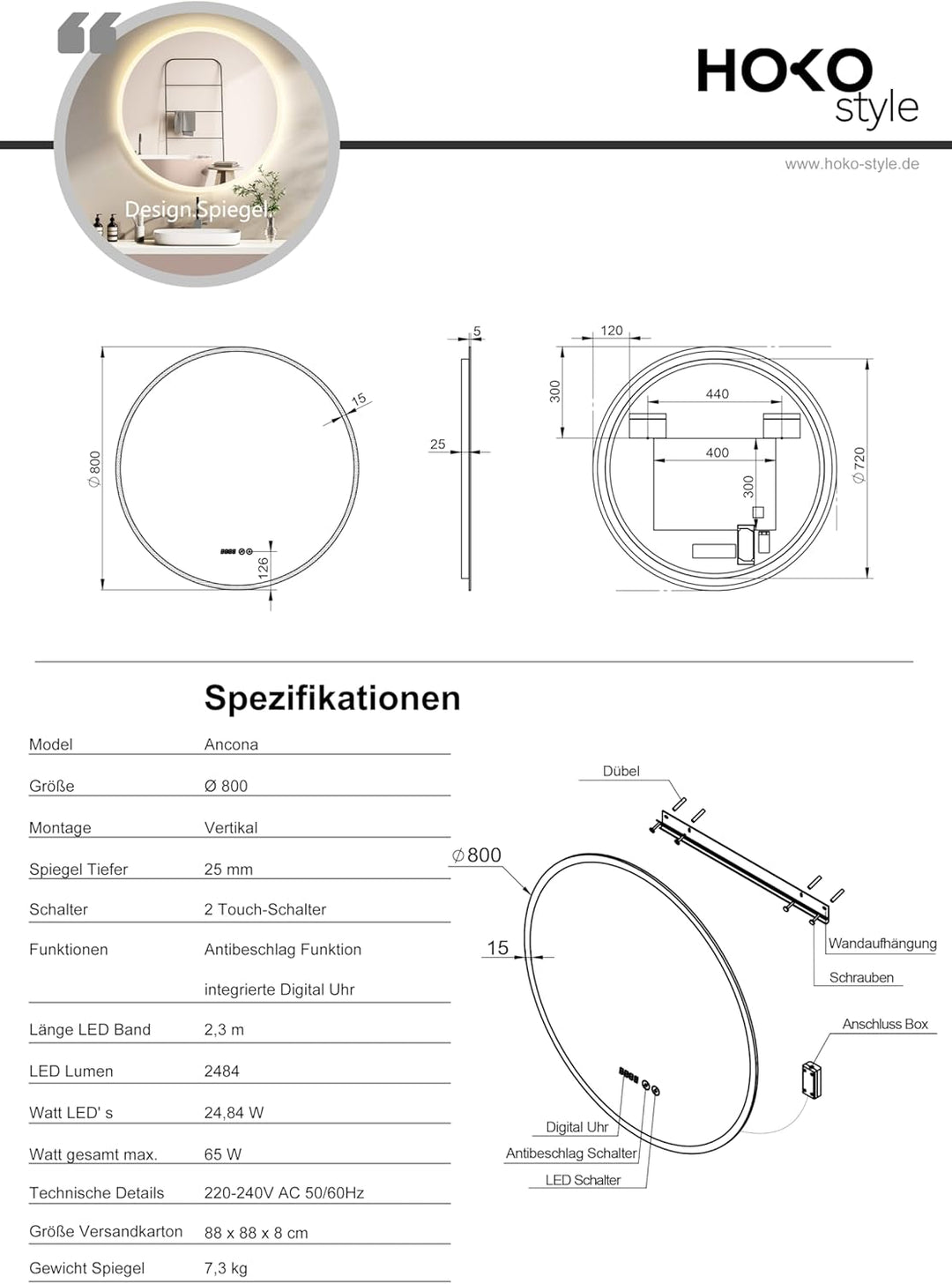 HOKO Badspiegel LED Antibeschlag Rund 80cm mit digital Uhr, mit LED Wechsel 2700-6500K (Warmweiss -
