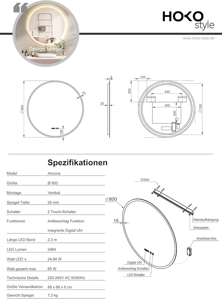 HOKO Badspiegel LED Antibeschlag Rund 80cm mit digital Uhr, mit LED Wechsel 2700-6500K (Warmweiss -