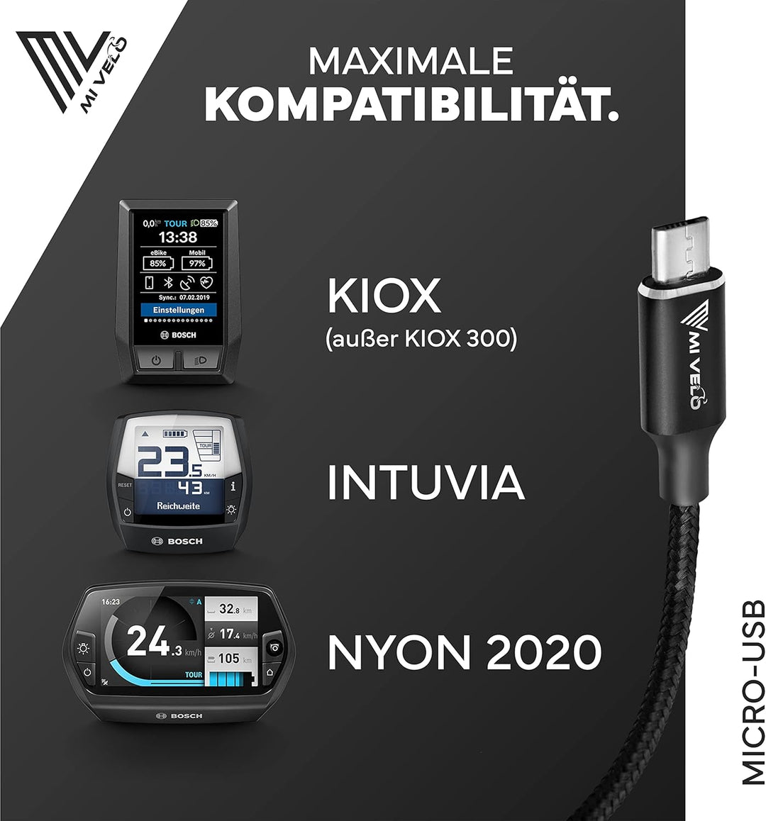 MIVELO E-Bike Ladekabel für Bosch Intuvia, Kiox(ausser 300), Nyon (alt) - Micro USB Kabel für E-Bike