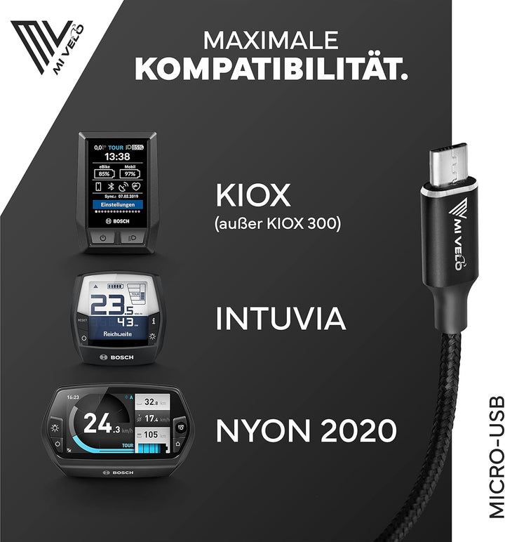 MIVELO E-Bike Ladekabel für Bosch Intuvia, Kiox(ausser 300), Nyon (alt) - Micro USB Kabel für E-Bike