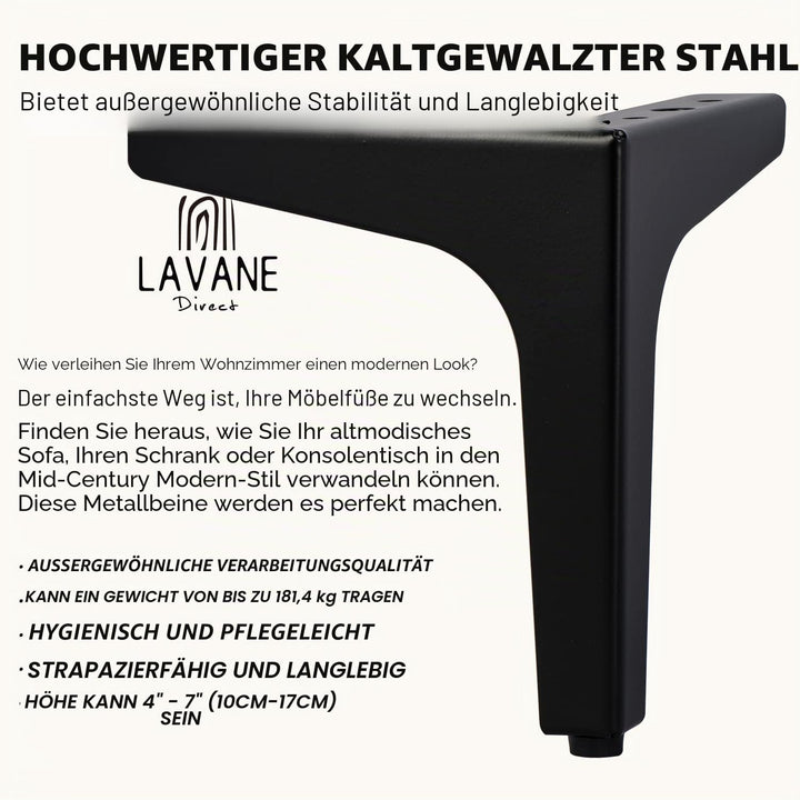 La Vane 4er Set Metall Möbelfüsse (17cm Höhe) Schwarz - Diamant-Dreieck Design für Schrank, Sofa, Co