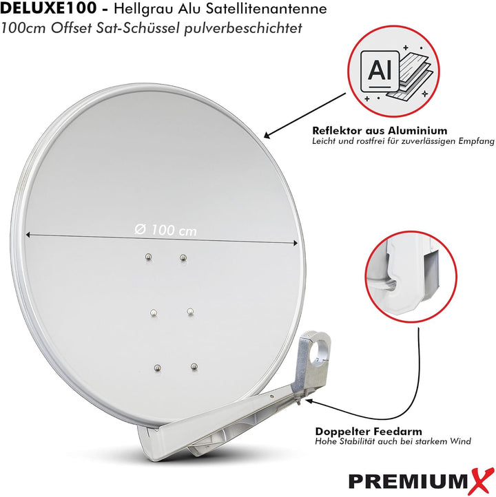 Premium X DELUXE100 Satellitenantenne 100 cm Aluminium Hellgrau + Twin LNB PXT-SEW 0,1 dB Digital Sa