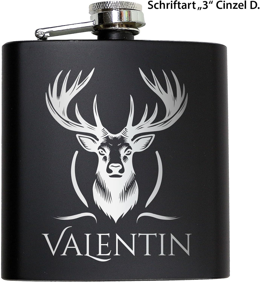 Jäger Geschenk Flachmann Hirsch mit Gravur Flachmann Jäger Geschenkidee Männer Schwarz, Schwarz