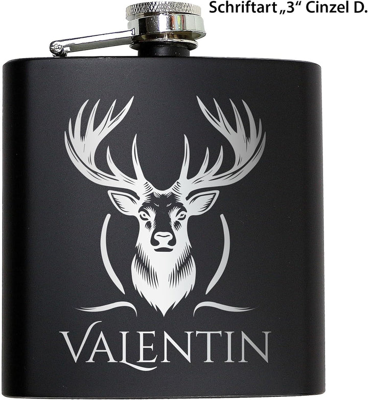 Jäger Geschenk Flachmann Hirsch mit Gravur Flachmann Jäger Geschenkidee Männer Schwarz, Schwarz