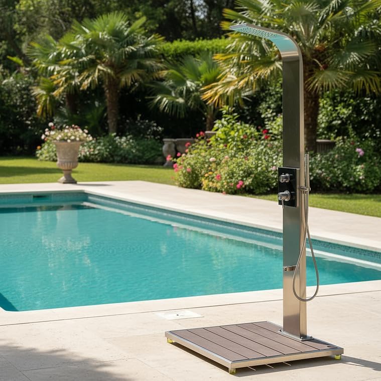 IDEAL Kalt- und Warmwasserdusche HELENA mit Edelstahlfront Edelstahl V2A gebürstet | Inkl. Bodenplat