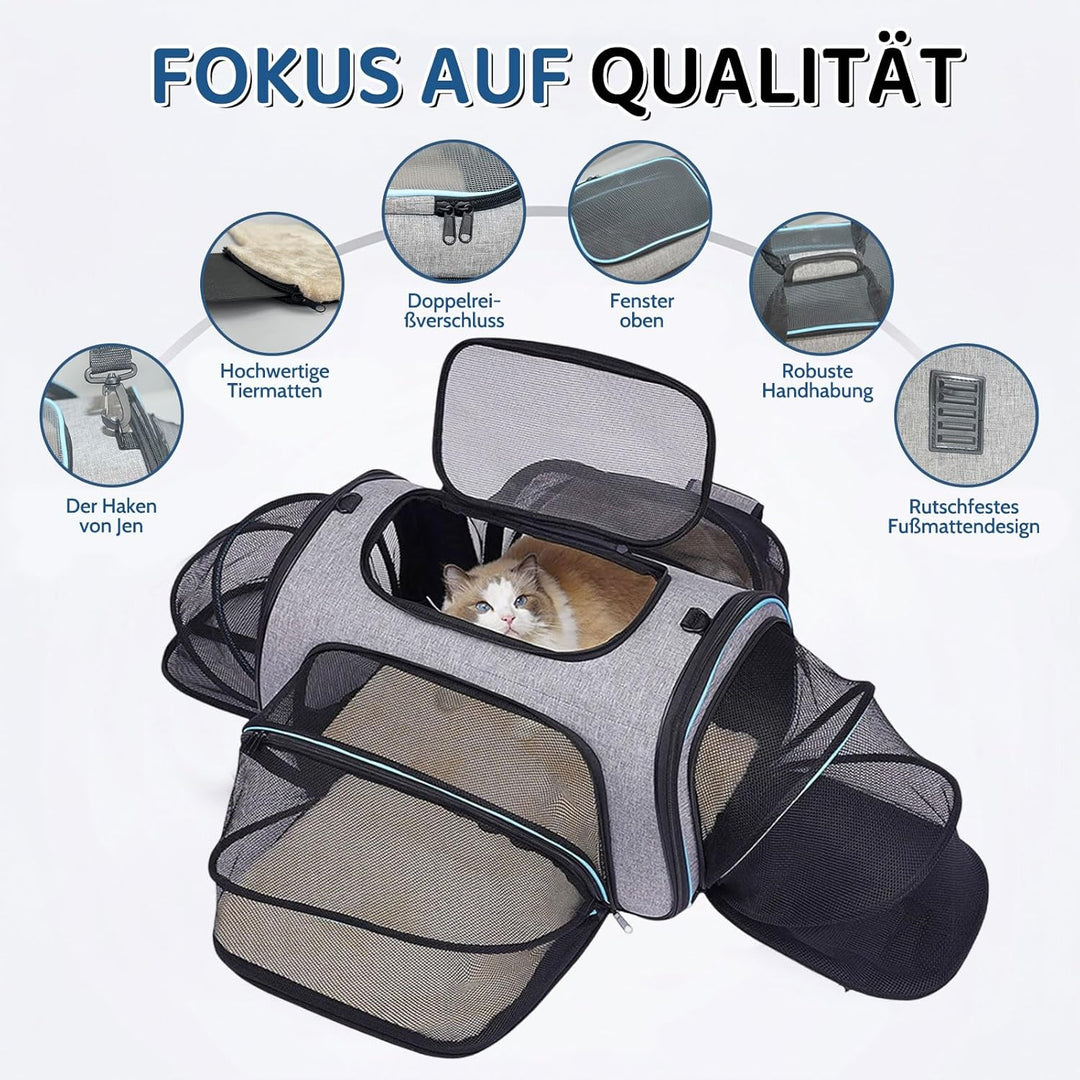 Faltbarer Transporttasche Katze und Hund,erweiterbare Katzentransportbox mit Schultergurt Hundetrage