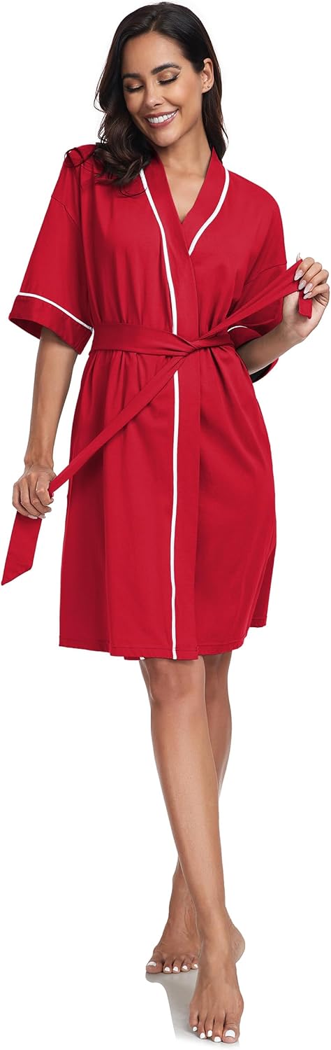 COLORFULLEAF 100% Baumwolle Bademantel Damen Kurz Morgenmantel Leicht Knielang Kimono Saunamantel Na