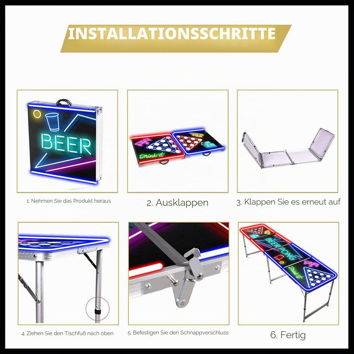 Beer Pong Offizielles Komplettset | Beleuchtungsset | 1 Heller Tisch mit Löchern + 22 American Cups