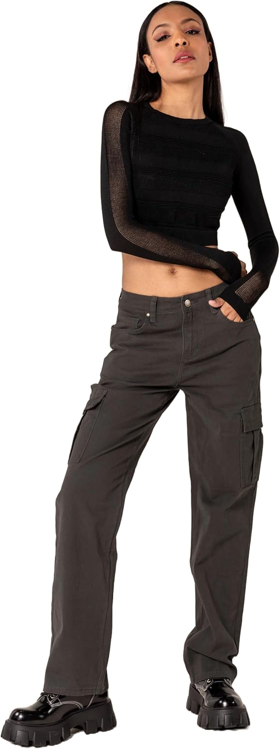 Nina Carter Q1885 Damen Cargo Jeans High Waist Cargohose Stretch Straight Leg Hose S Dunkelgrau (Q18