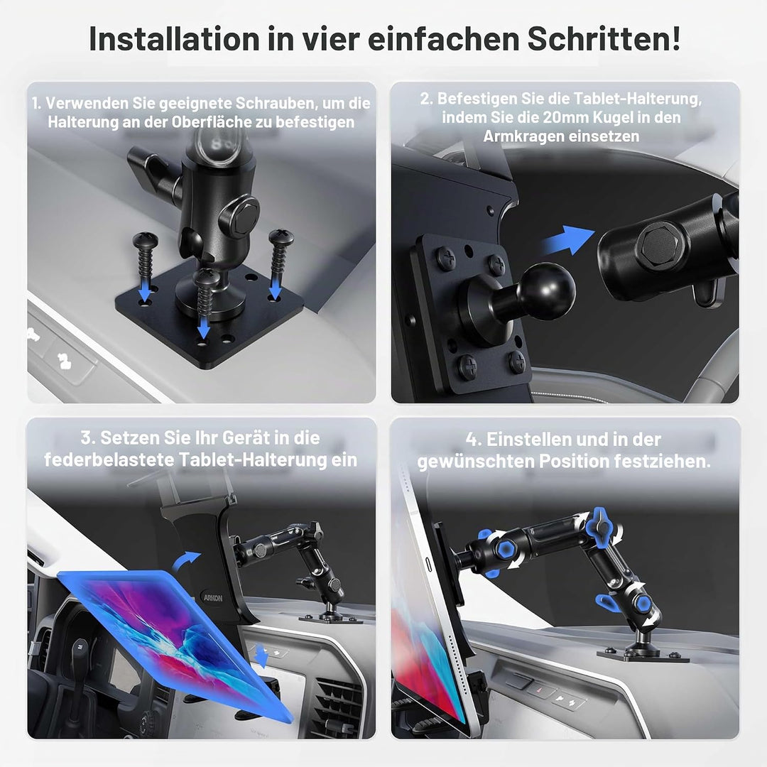 ARKON Robuste Tablet-Halterung mit verstellbarem Arm für Tischplatten, Autos, Fahrzeuge, Wände, komp