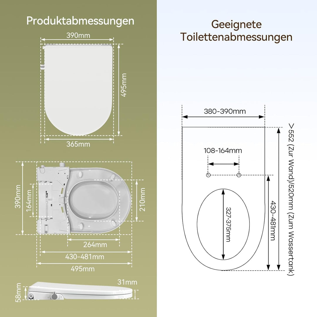 WC Sitz mit Bidet Funktion, Bidet Aufsatz für Toilette ohne Stromanschluss, Toilettendeckel mit Abse
