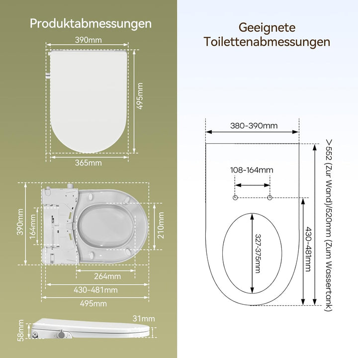 WC Sitz mit Bidet Funktion, Bidet Aufsatz für Toilette ohne Stromanschluss, Toilettendeckel mit Abse