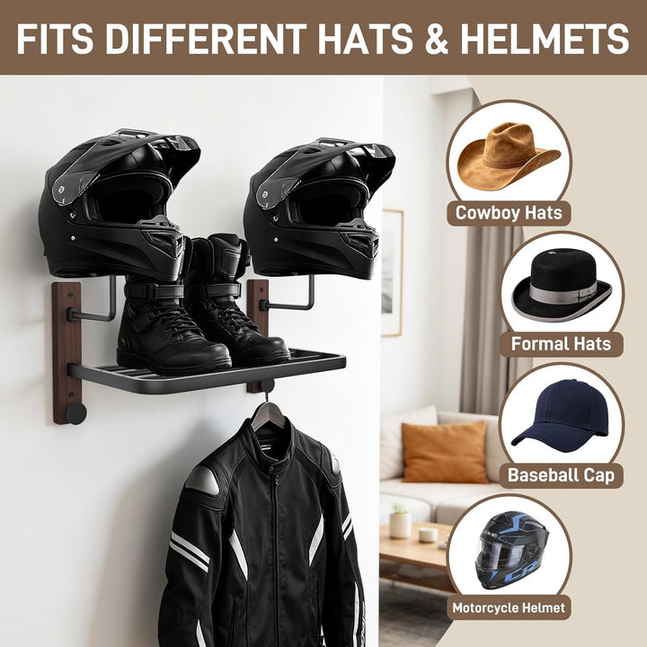 Motorradhelm Halterung, Helmhalter Wandmontage mit Ablage und 2 Helmständer für Motorrad Fahrrad Ren