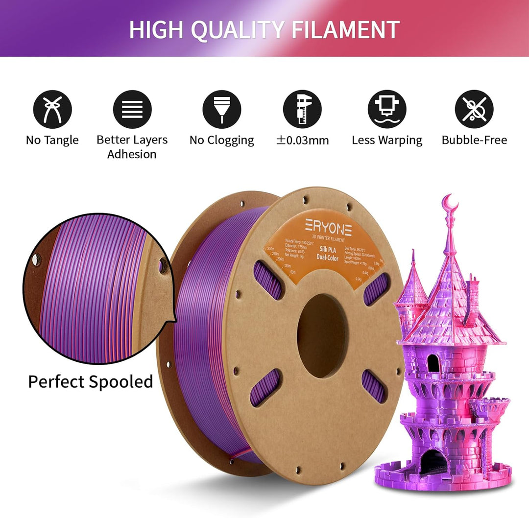 ERYONE Dual Seiden PLA Filament 1.75mm,Co-Extrucsion PLA Seiden Filament für 3D Drucker +/- 0,03 mm,