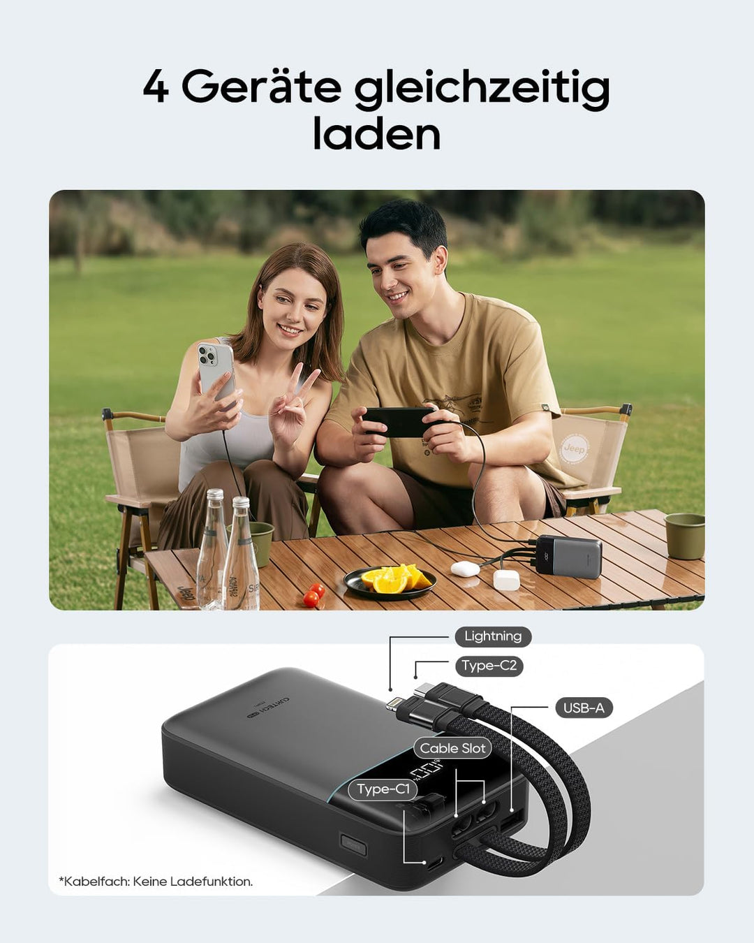 CUKTECH Power Bank 20000mAh 40W Tragbares Ladegerät mit Integriertem USB-C und MFi-zertifiziertem Li